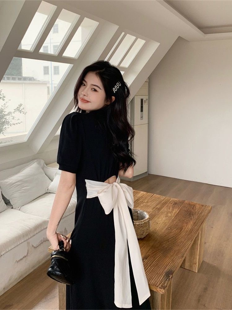2023 new internet celebrity slimming and fat lapel knitted back bow pure lust style long dress sweet and spicy