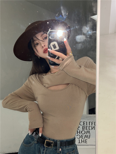 Hollow long-sleeved T-shirt women's autumn hot girl sexy slim design bottoming shirt top