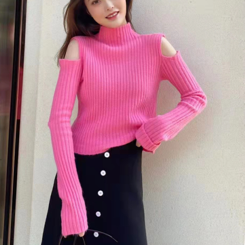 Autumn season new arctic velvet thick needle sexy half-high collar fashion off-the-shoulder slim long-sleeved knitted sweater for women