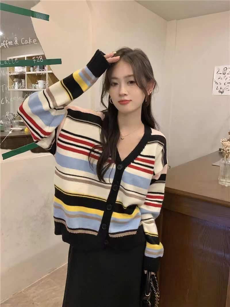 Single-breasted exclusive contrasting color rainbow knitted cardigan women's spring and autumn single-breasted soft waxy striped sweater coat