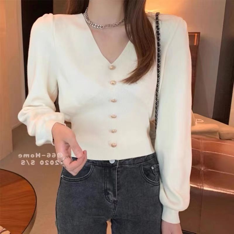 2023 early autumn new knitted sweater slim waist casual short sweater bottoming chic top core-spun yarn