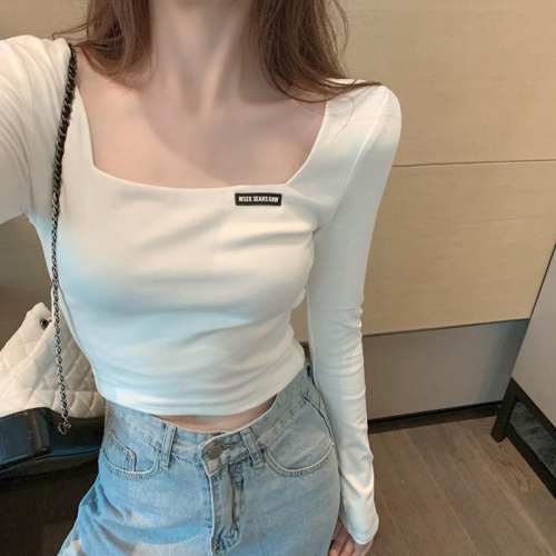 Square collar embroidered long-sleeved T-shirt women's autumn slim-fit short navel bottoming shirt slim-fitting top