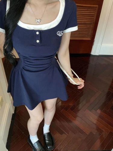 Navy blue short-sleeved T-shirt dress women's summer waist pleated skirt romantic retro square collar splicing a-line skirt