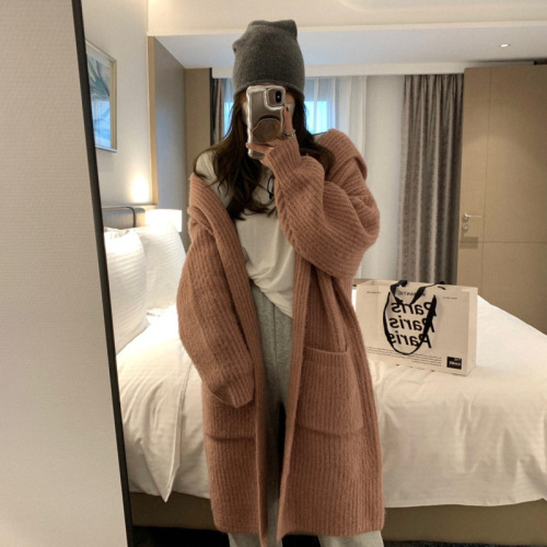 Lazy hooded loose thick mid-length large cardigan coat lengthened sweater women's autumn and winter knitted sweater