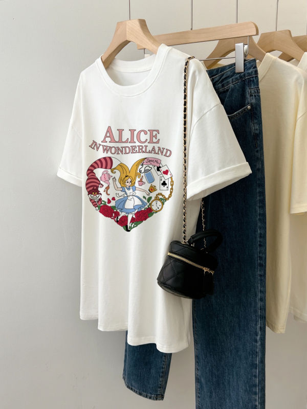 100% cotton combed cotton printed summer short-sleeved T-shirt female loose Korean version