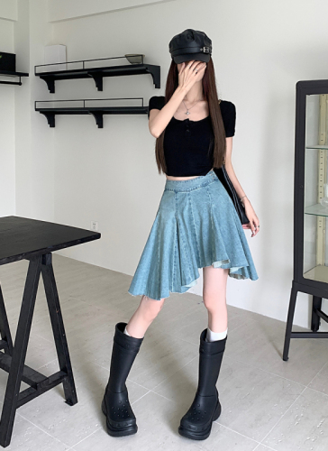 2023 Autumn New Versatile Design Irregular Hem Skirt Women's High Waist Denim Skirt