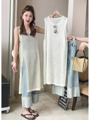 Summer new design holiday style knitted over-the-knee skirt hollowed out long section slit vest dress for women