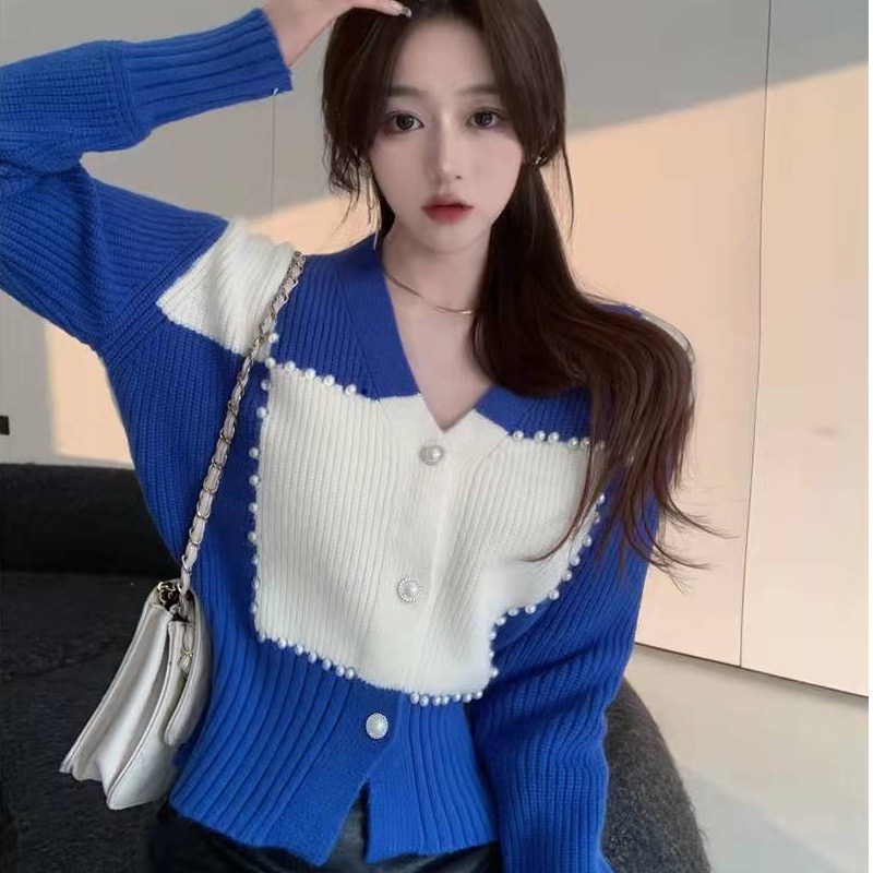 Klein Blue Fried Street Tops Knitted Cardigan Small Ladies Sweater 2023 New Fashion Western Style Jacket