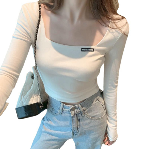 Square collar embroidered long-sleeved T-shirt women's autumn slim-fit short navel bottoming shirt slim-fitting top