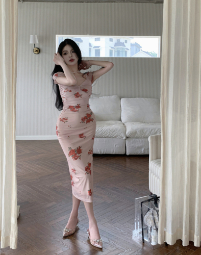 Summer Retro Sexy V-Neck Flower Dress Slim Slim Slit Design Package Hip Skirt Women