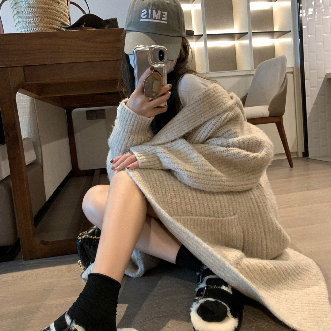 Lazy hooded loose thick mid-length large cardigan coat lengthened sweater women's autumn and winter knitted sweater