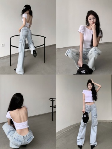 Retro American backless simple t-shirt top light-colored overalls straight-leg wide-leg jeans