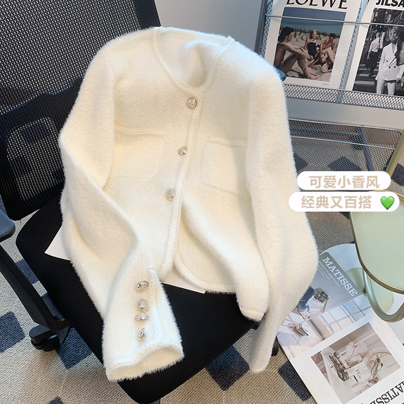 French style small fragrance gold buckle mink velvet knitted cardigan women's spring and autumn warm and soft waxy sweater jacket tops