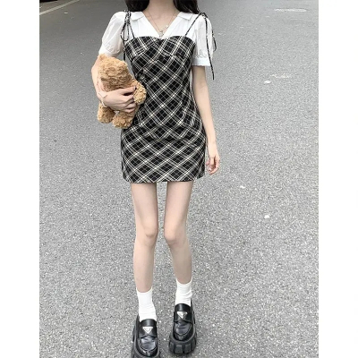 College Sweet and Spicy Stitching Fake Two-Piece Dress Women's Summer Short Short Small Slim Waist Slim Package Hip Skirt