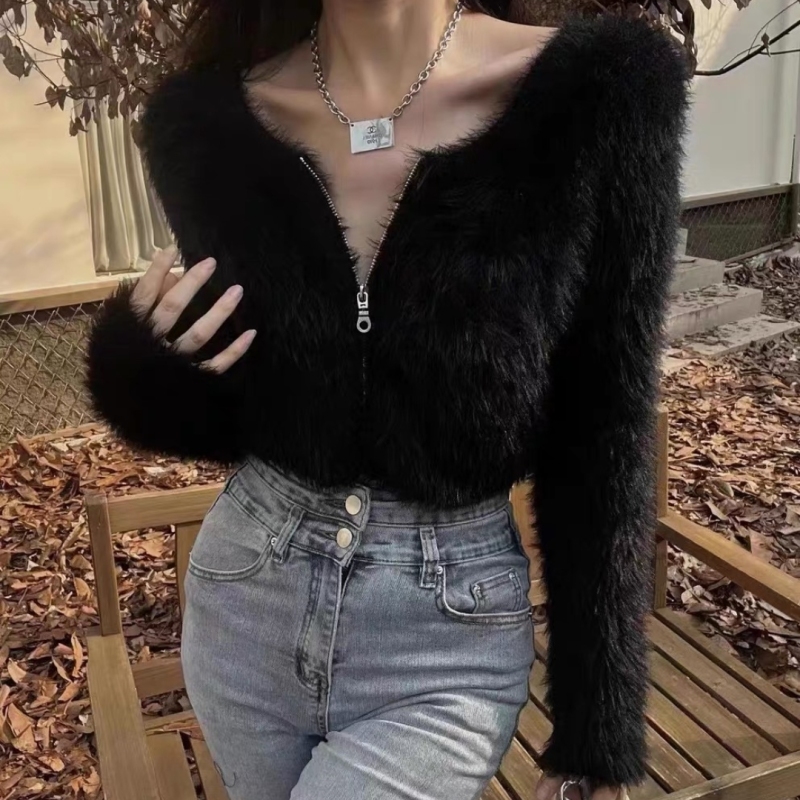 2023 Autumn New Round Neck Long Sleeve Furry Knitwear Women's Slim Short Zipper Mink Fleece Sweater Jacket
