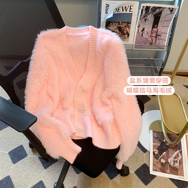 2023 Spring and Autumn New Pink Mink Velvet Sweater Coat Women Sweet Bowknot V-neck Single-breasted Knitting