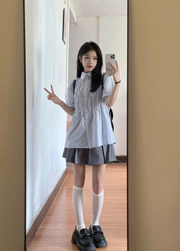 Original 100% pure cotton woven fabric Hong Kong style student short-sleeved t-shirt female INS Korean version sweet upper clothes