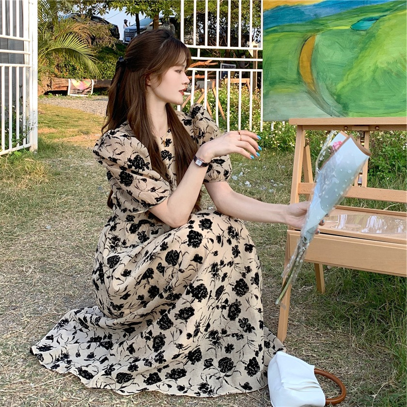 French retro floral temperament fashion puff sleeve dress women's summer new high waist thin all-match mid-length skirt