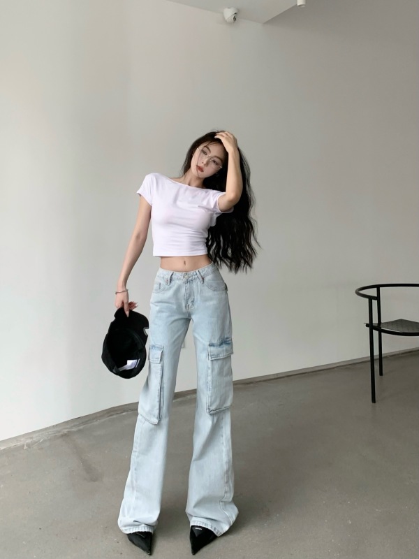 Retro American backless simple t-shirt top light-colored overalls straight-leg wide-leg jeans