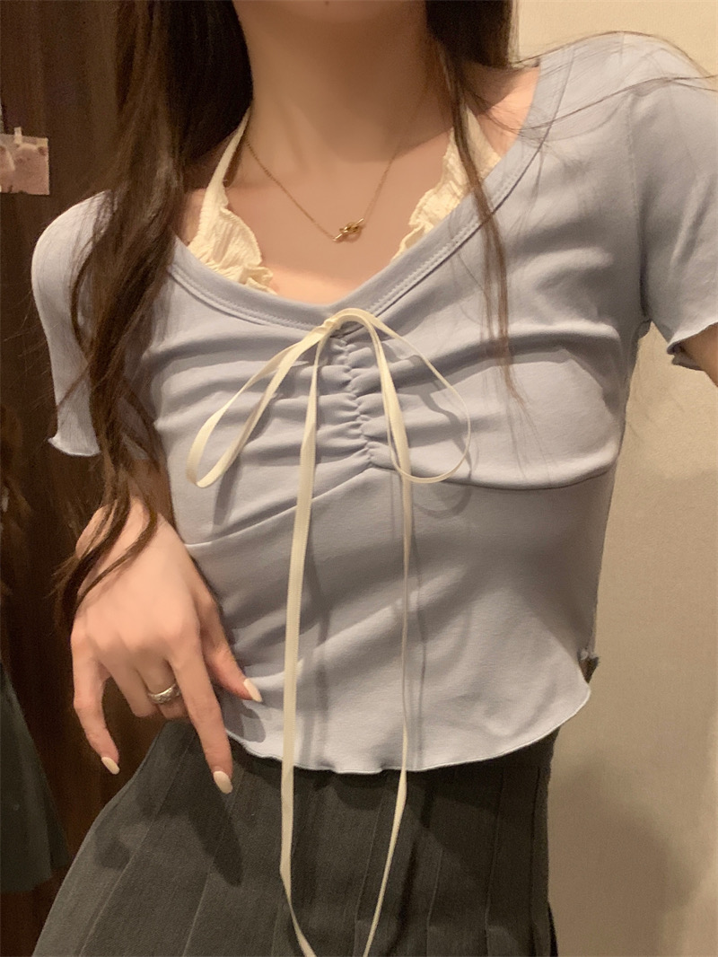 Fake Two Pieces Blue Hanging Neck T-shirt Women's Summer New Design Sweet and Spicy Short Fit Short Sleeve Shoulder Top