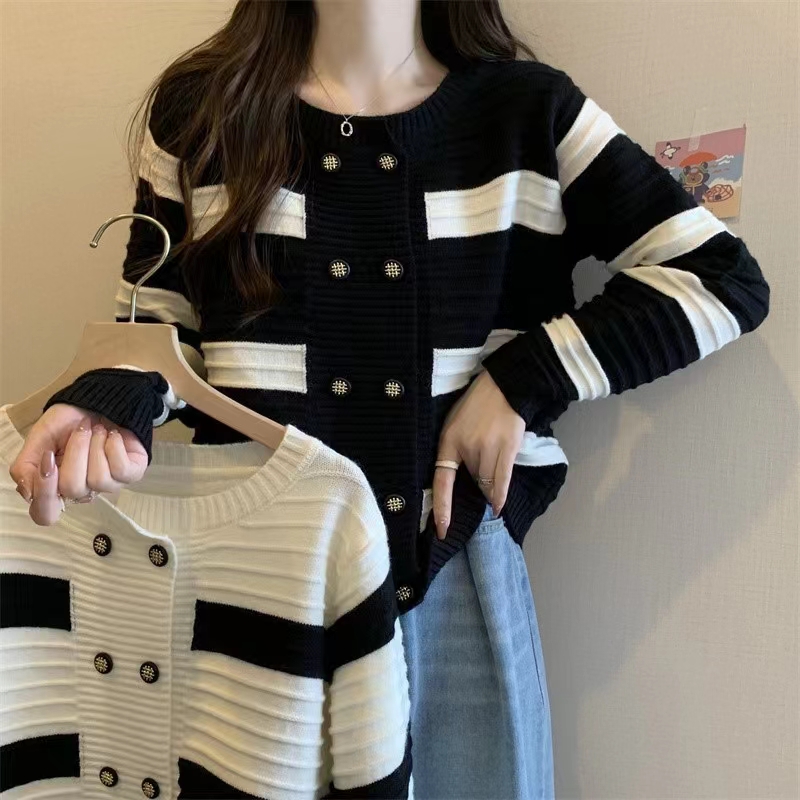 French color contrast striped long-sleeved knitted cardigan women's spring and autumn 2023 new design sense slim fit and thin all-match sweater