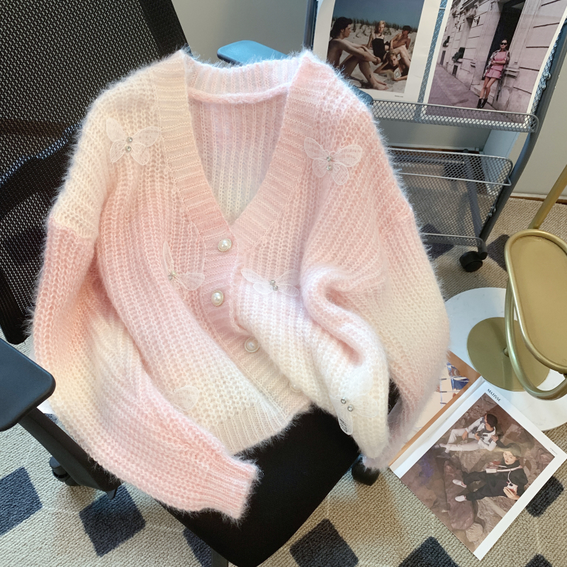 Shiny Early Autumn Sweater Temperament Butterfly High-end Casual Tops Knitwear Jacket Design Sense of Niche
