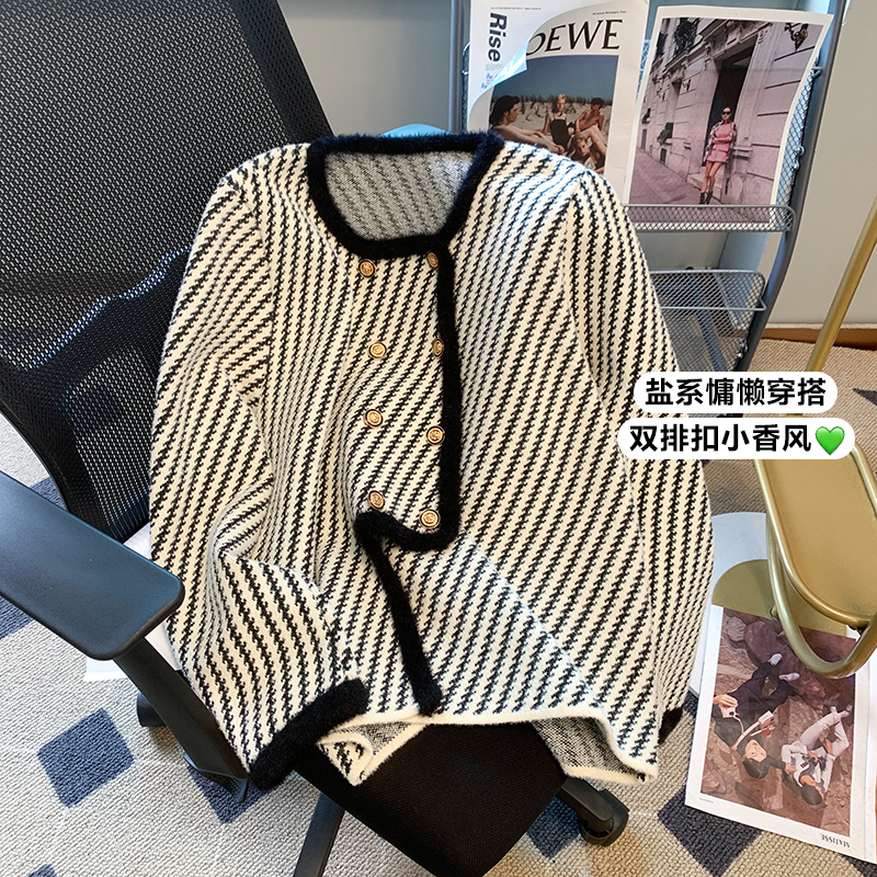 2023 Spring and Autumn New Style Small Fragrance Irregular Loose High-quality Double-breasted Diagonal Striped Sweater Jacket