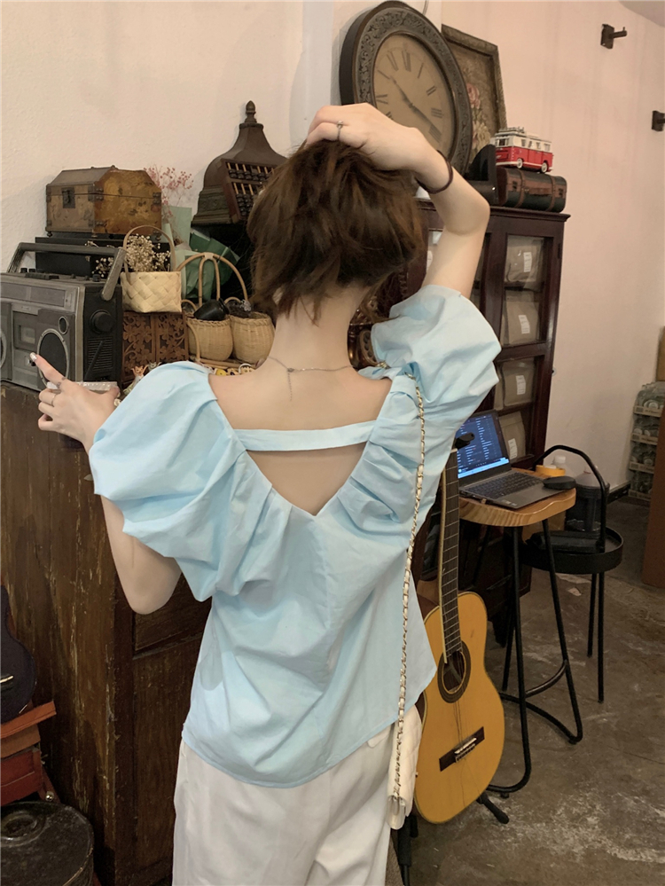 !  French niche V-neck open back short-sleeved design top temperament pleated loose slimming shirt