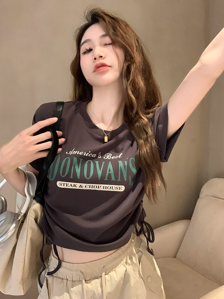 Short-sleeved t-shirt women's summer new letter print pleated bottoming shirt short section slim tops