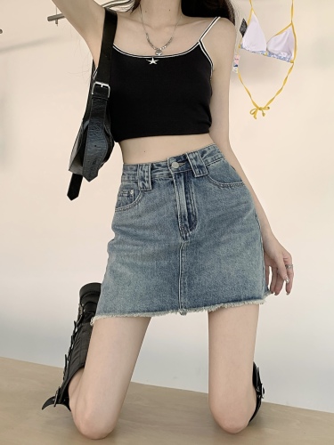 2023 high-waist slim denim short skirt for women new a-line skirt anti-exposure, slim fit and versatile hip-covering skirt