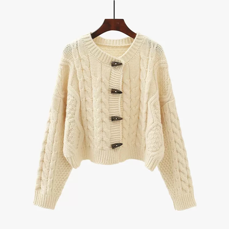 High waist short twist sweater cardigan women's thick 2023 autumn new loose outer wear horn button sweater jacket