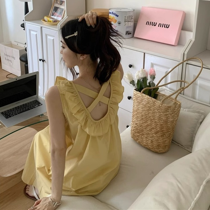 Sleeveless vest dress women's summer Korean version 2023 new wooden ear side cross open back loose straight skirt long skirt
