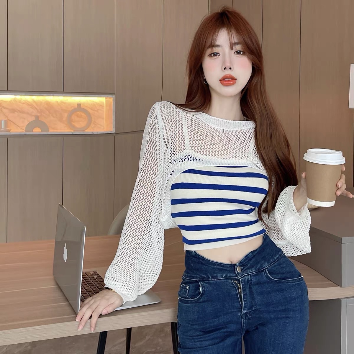 2023 summer new hollow knitted blouse sun protection jacket with striped camisole two-piece jacket women