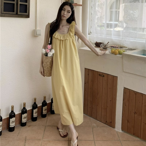 Sleeveless vest dress women's summer Korean version 2023 new wooden ear side cross open back loose straight skirt long skirt
