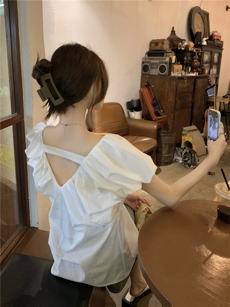 !  French niche V-neck open back short-sleeved design top temperament pleated loose slimming shirt