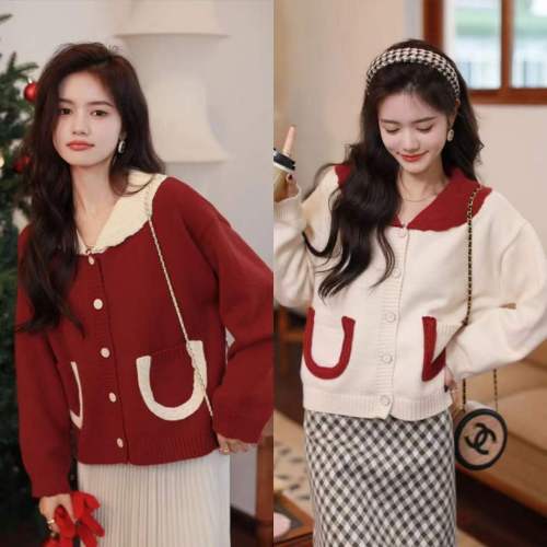 Spring and autumn women's  new milky red sweater women's autumn and winter gentle knitted cardigan jacket tops
