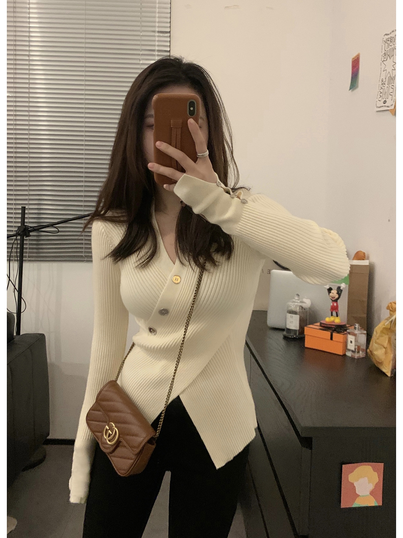 Pure desire and thin V-neck sweater crossover A4 waist slim-fit slit pullover knitted long-sleeved inner top