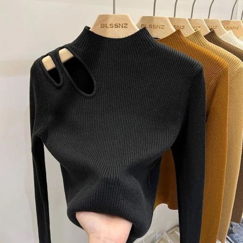 French water drop hollow bottoming sweater women's inner wear autumn and winter chic collarbone knitted top half high collar bottoming shirt women