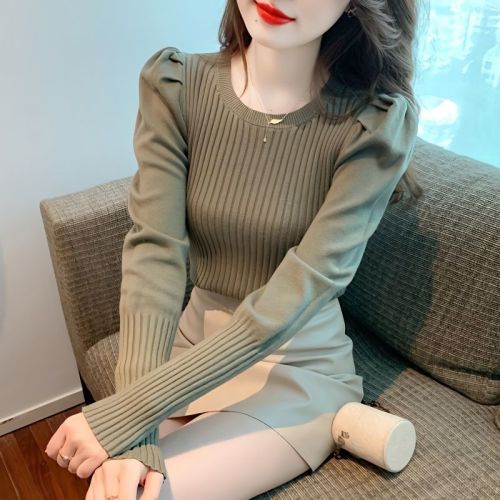 New Spring and Autumn Thin Section Low Collar Versatile Folded Sleeves Gentle and Fragrant Style Knitted Bottom Sweater Long-sleeved Tops for Women in