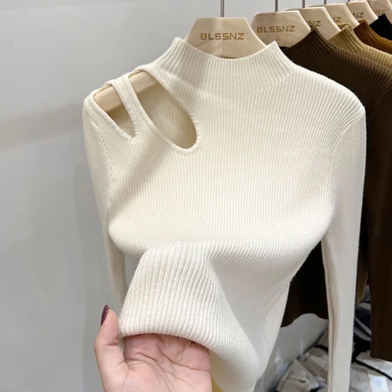 French water drop hollow bottoming sweater women's inner wear autumn and winter chic collarbone knitted top half high collar bottoming shirt women