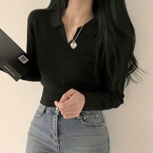 Simple basic Polo collar sweater with knitted sweater female fat mm large size spring and autumn design sense niche short top