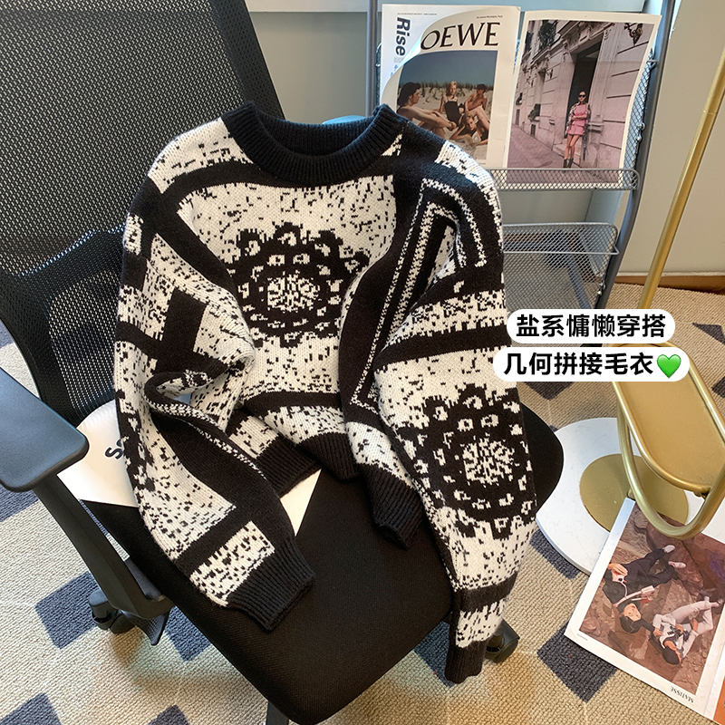 Korean ins retro jacquard sweater women's autumn and winter lazy loose foreign style sweater top pullover