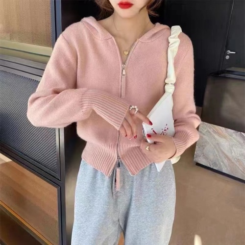 Cashmere cardigan jacket women's knitted spring and autumn outer wear  new double zipper hooded sweater autumn and winter tops