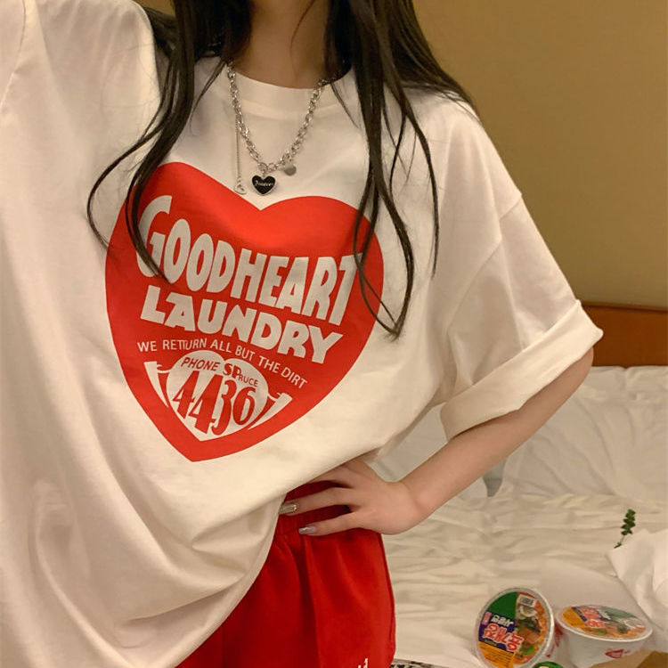 Pure cotton Hong Kong style white letter printing short-sleeved T-shirt women's clothing i summer Korean version round neck loose oversize top