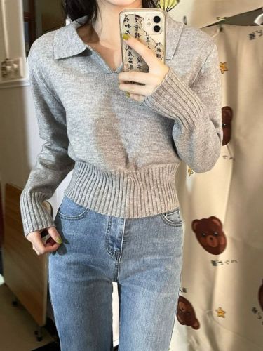 Simple basic Polo collar sweater with knitted sweater female fat mm large size spring and autumn design sense niche short top