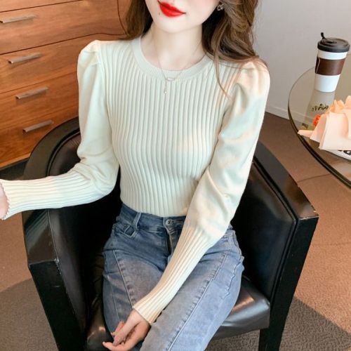 New Spring and Autumn Thin Section Low Collar Versatile Folded Sleeves Gentle and Fragrant Style Knitted Bottom Sweater Long-sleeved Tops for Women in