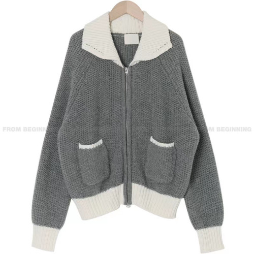 Lazy wind ins Korean niche design French grove autumn and winter Japanese color contrast knitted sweater cardigan jacket female