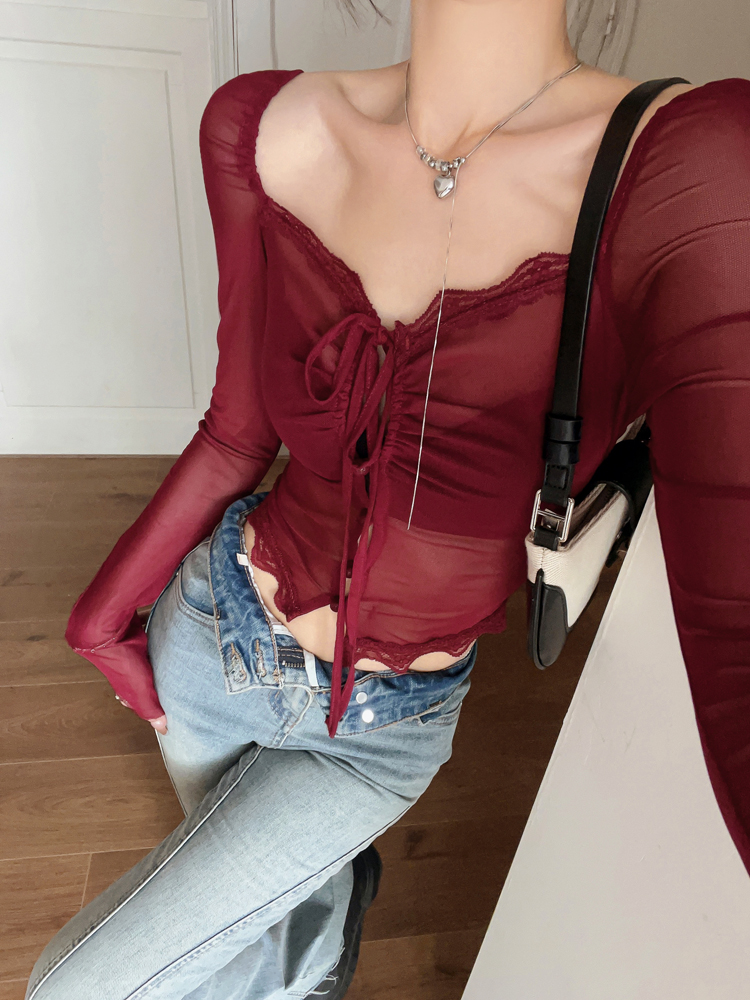 2023 summer new star with the same style sexy pure desire lace top thin mesh long-sleeved bottoming shirt