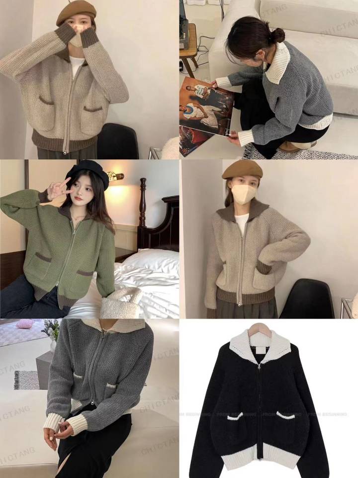Lazy wind ins Korean niche design French grove autumn and winter Japanese color contrast knitted sweater cardigan jacket female