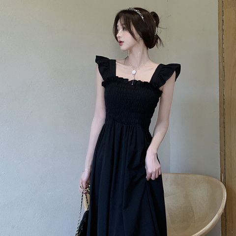2023 summer new French temperament small flying sleeves pleated waist dress Hepburn style square collar tea break mid-length skirt